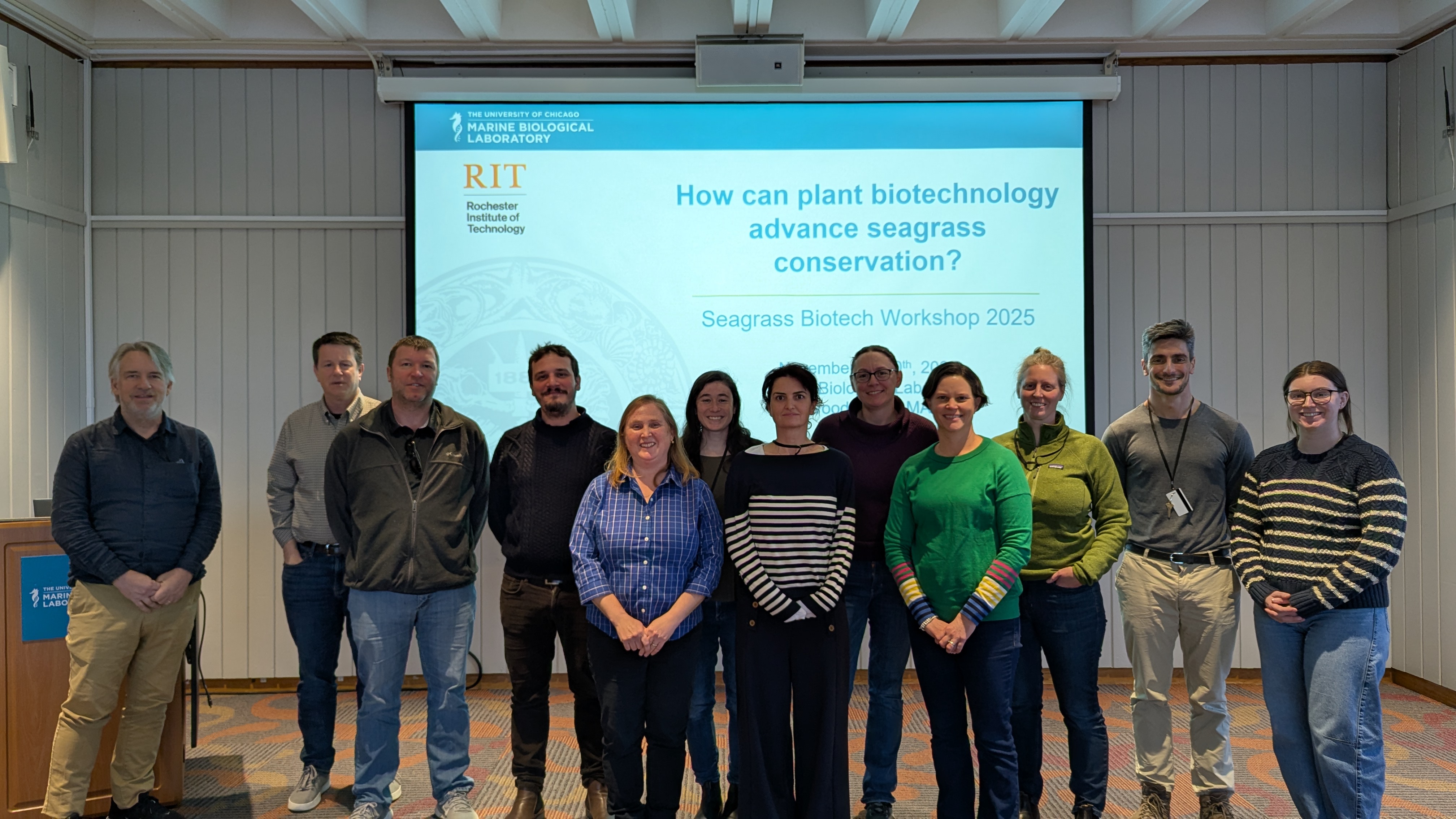seagrass ecologists and conservation biologists, and plant scientists specializing in biotechnology gathered at the MBL for a seagrass workshop 