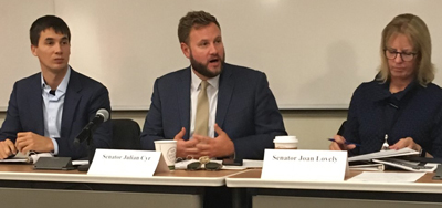 The Mass. Commission on Ocean Acidification begins its first meeting at MBL with (from left) Rep. Dylan Fernandes, Sen. Julian Cyr and Sen. Joan Lovely. Credit: Jane Marks