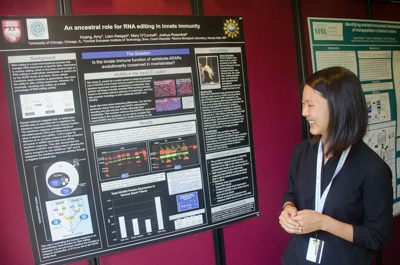 Amy Huang of University of Chicago's poster is on an ancestral role for RNA editing in innate immunity, which she studied with MBL Senior Scientist Joshua Rosenthal.