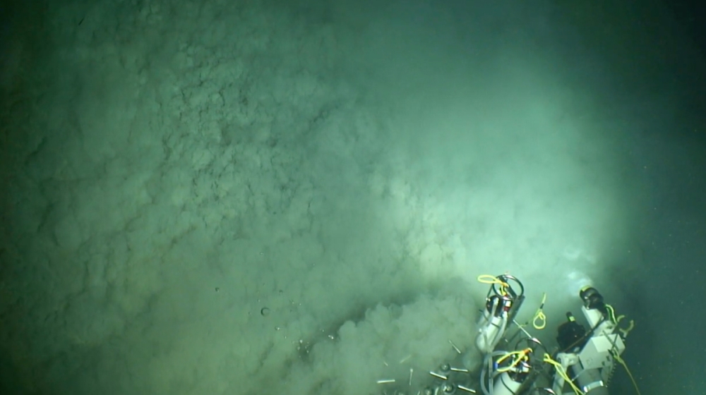3.	A mud volcano at the seafloor where methane-rich fluids from the subsurface are emitted to the water column. These ecosystems are at the interface between the subsurface and surface realms and are often oases of life in the deep ocean. Credit: Mandy Joye/UGA