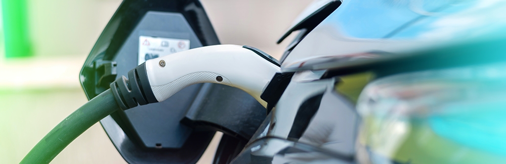 Charger plugged into electric vehicle.