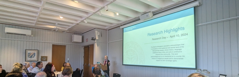 Director of Research Anne Sylvester speaks infront of a slide at the 2024 Research Day at the MBL