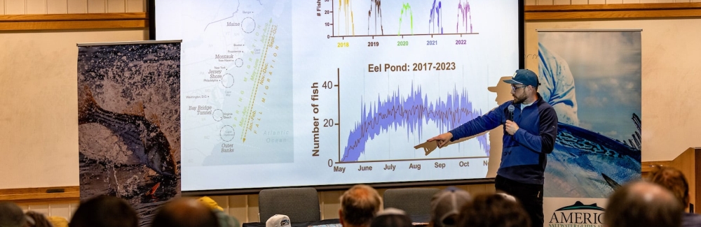 MBL's Scott Bennet speaks at the American Saltwater Guides Fisheries Science Symposium at the MBL. May 17, 2024. (Credit SWGA)