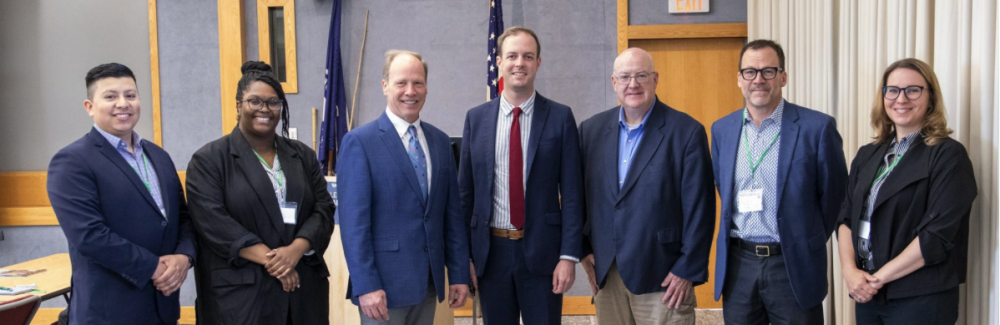 L to R: Diego Huezo, MassCEC; Jillian Appling, U.S. Senator Elizabeth Warren’s Office; Dr. Peter de Menocal, WHOI; State Representative Thomas Moakley; Mike Jackman, Congressman Bill Keating’s Office; Galen Nelson, MassCEC; Dr. Jennifer Le Blond, MassCEC
