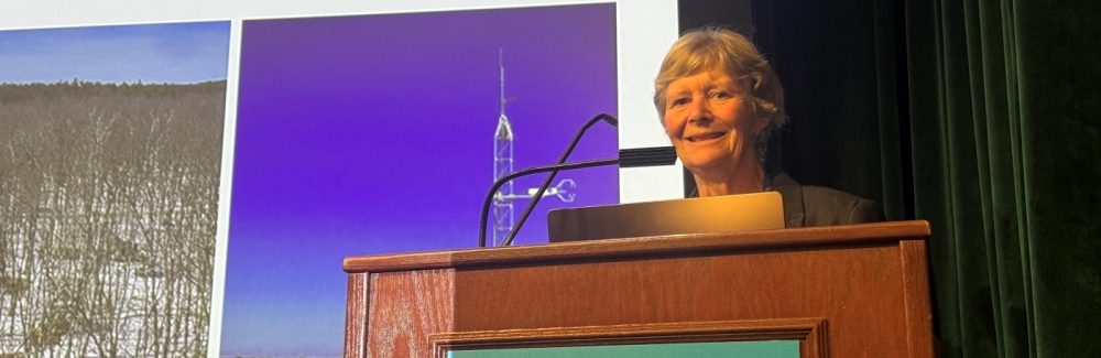 A woman stands behind a podium with a microphone and smiles. A large screen is partially visible behind her.