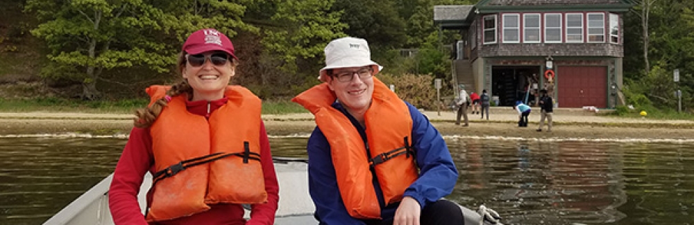 2018 Environmental Fellows Katie Bourzac and Mićo Tatalović during fieldwork at a Cape Cod estuary.