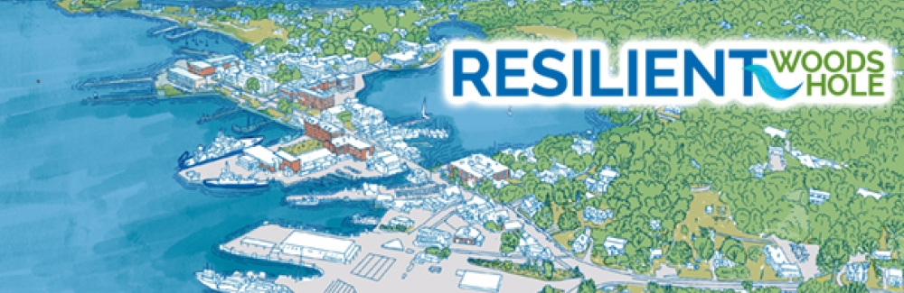 Resilient Woods Hole banner with graphic rendering of Woods Hole, MA.