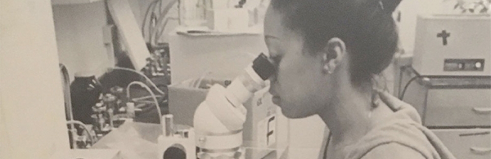 Patrice Yarbough at a microscope at the University of Houston in 1979.