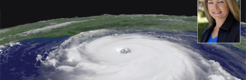 Satellite image of hurricane with Susan Hassol headshot