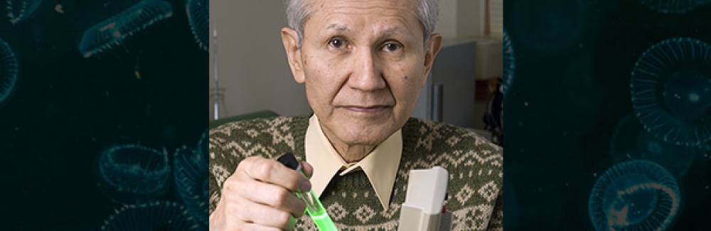 Osamu Shimomura holds a test tube containing green fluorescent protein (GFP) in a water solution.