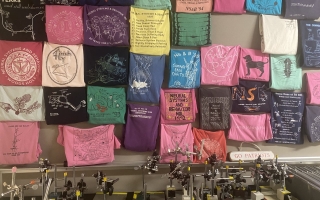 A montage of course T-shirts from past years outside the Neural Systems & Behavior lab in Loeb Laboratory. Credit: Diana Kenney