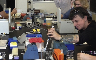 Journalists in the 2016 Marine Biological Laboratory hands-on research course learn to pipette. Photo courtesy of Brad Shuster.