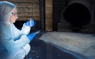 Scientist taking water samples from sewage system.