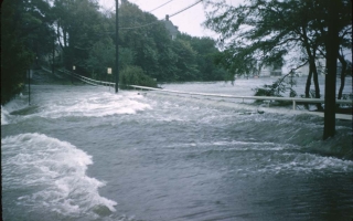 1954 Hurricane Carol Woods Hole School Street flooding from Eel Pond across road at lowest point Credit Oliver B Brown Courtesy Woods Hole Historical Museum 1131 