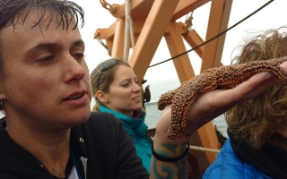 Woman holding a starfish on a boat