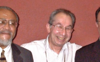 Jim Townsel, Ed Kravitz and Joe Martinez at the Society for Neuroscience (SfN) annual meeting in 2003 when Townsel and Martinez received the society’s Award for Education in Neuroscience. Photo courtesy of Anne Etgen