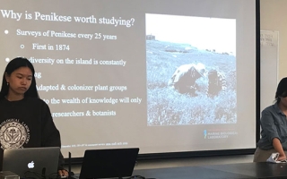 UChicago students present their Penikese Island vegetation survey to fellow MBL September course students. Left to right: Sophie Hartley, Ally Cong, Patricia Zito, Kaji Lungu.