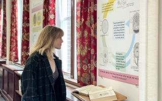 Anna Clemencia Guerrero, designer of the "Seeing Cells" and "Seeing Life" exhibits on display in the MBLWHOI Library.