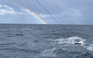 The POP team deploys a Manta Trawl to collect microplastics from surface waters during the Spring OFP 2024 research cruise.