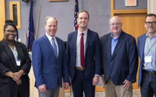L to R: Diego Huezo, MassCEC; Jillian Appling, U.S. Senator Elizabeth Warren’s Office; Dr. Peter de Menocal, WHOI; State Representative Thomas Moakley; Mike Jackman, Congressman Bill Keating’s Office; Galen Nelson, MassCEC; Dr. Jennifer Le Blond, MassCEC