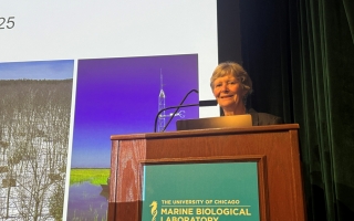 A woman stands behind a podium with a microphone and smiles. A large screen is partially visible behind her.