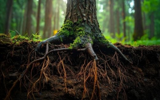 A tree with exposed roots