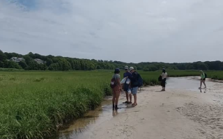 This photo shows a landscape view of students on a marsh, surrounded by sand, water, and grass.