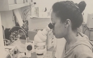 Patrice Yarbough at a microscope at the University of Houston in 1979.