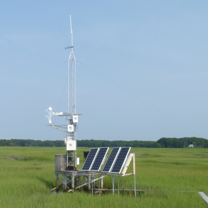 Tower measuring exchange of gases (to include gaseous mercury) between the atmosphere and salt marsh at the Plum Island Ecosystems LTER. Credit: Inke Forbrich