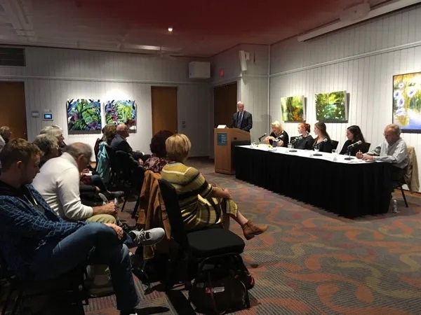 Moderator Bill Hough, editor and publisher of The Falmouth Enterprise, and panelists Jan Dilenschneider, Sadie Leveque, Miranda Van Mooy, Duygu Özpolat, and Roger Hanlon. Credit: Jane Marks
