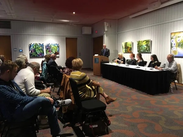 Moderator Bill Hough, editor and publisher of The Falmouth Enterprise, and panelists Jan Dilenschneider, Sadie Leveque, Miranda Van Mooy, Duygu Özpolat, and  Roger Hanlon. Credit: Jane Marks