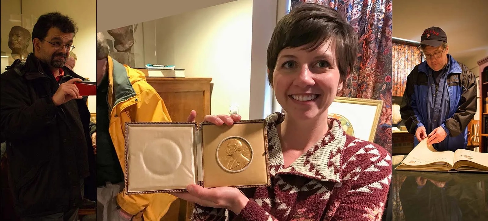 In the MBL-WHOI library’s rare books room: Fabio Turone, Bettina Urcuioli celebrating her Nobel Prize (well, probably T.H. Morgan’s), Mark Wolverton.