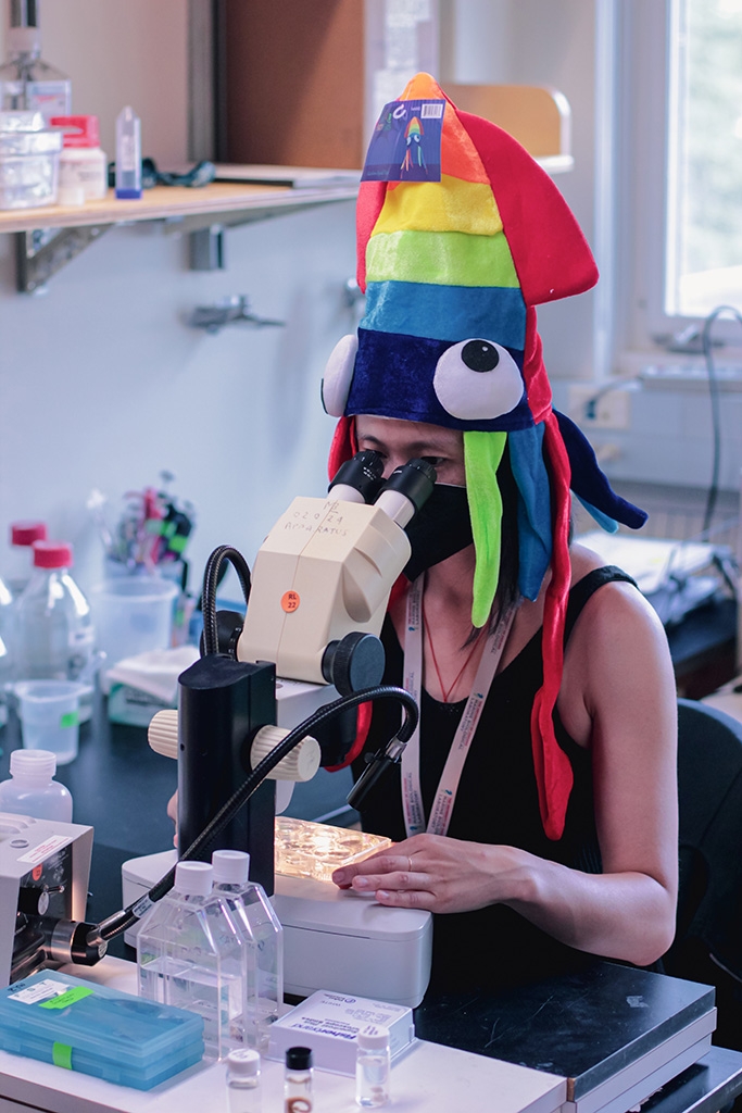 Z. Yan Wang peers at octopus eggs in colorful hat.