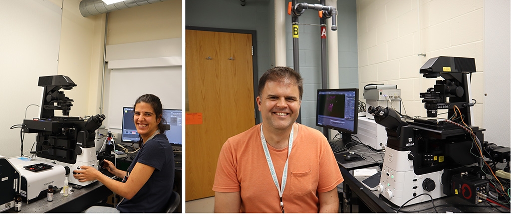 Gomes's student Inês Faleiro (left) and Edgar Gomes (right) received microscopes from Nikon for their summer research.