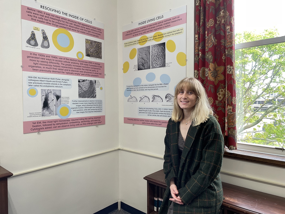 Anna Clemencia Guerrero, designer of the "Seeing Cells" and "Seeing Life" exhibits on display in the MBLWHOI Library.