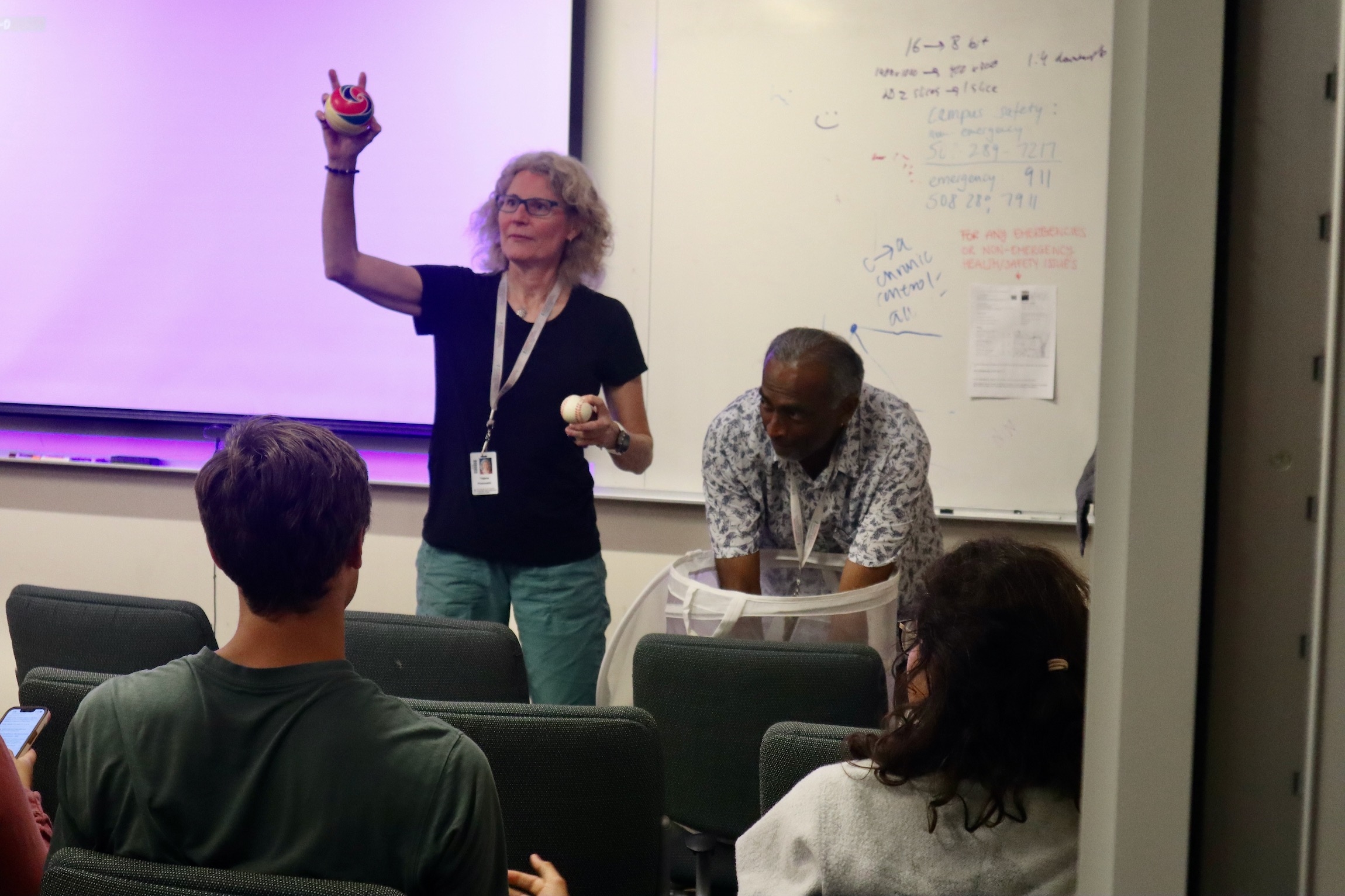 2024 Embryology course directors Tatjana Piotrowski (left) and Athula Wikramanayake toss toy balls to Embryology students.