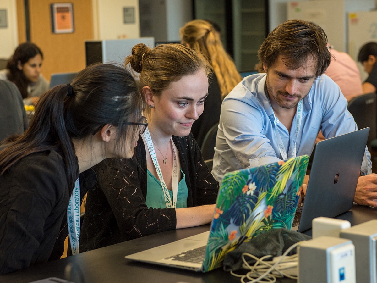From left, Rachel Lee, Meghan Collins, and Guillaume Bellec in the Brains, Minds, and Machines course.