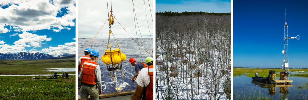 Composite photo of Alaska, an Oceanic Flux program boat, a salt marsh with monitoring equipment and soil plots