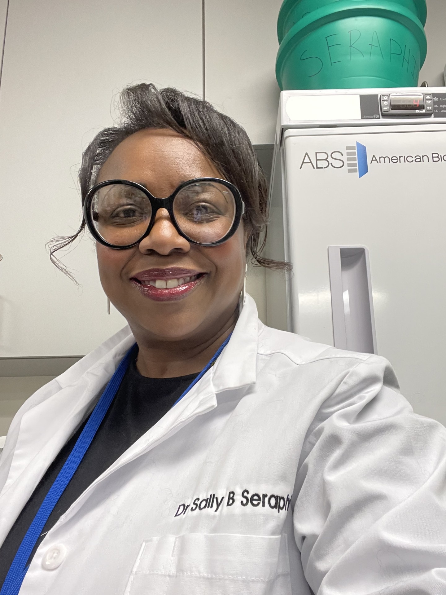 Sally Seraphin in a white lab coat