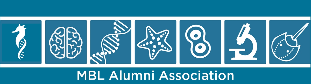 Alumni banner with seahorse, brain, helix, starfish, cells, microscope and horseshoe crab depicted.