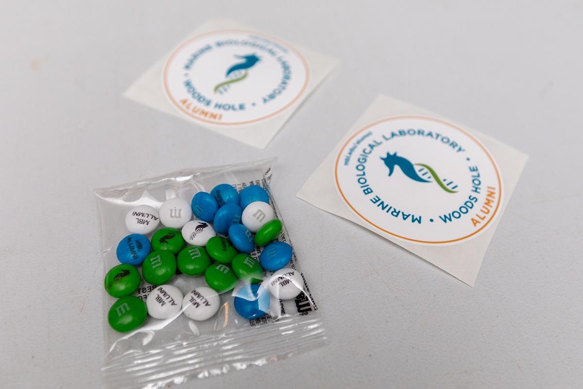 Bags of M&Ms and MBL Alumni stickers.