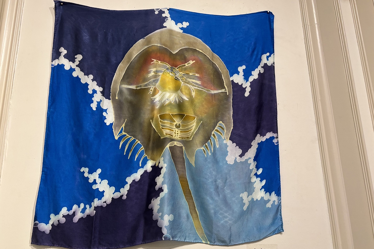 Silk painting of horseshoe crab and red knot shorebird by Susan Quateman at St Botolph Club exhibit.