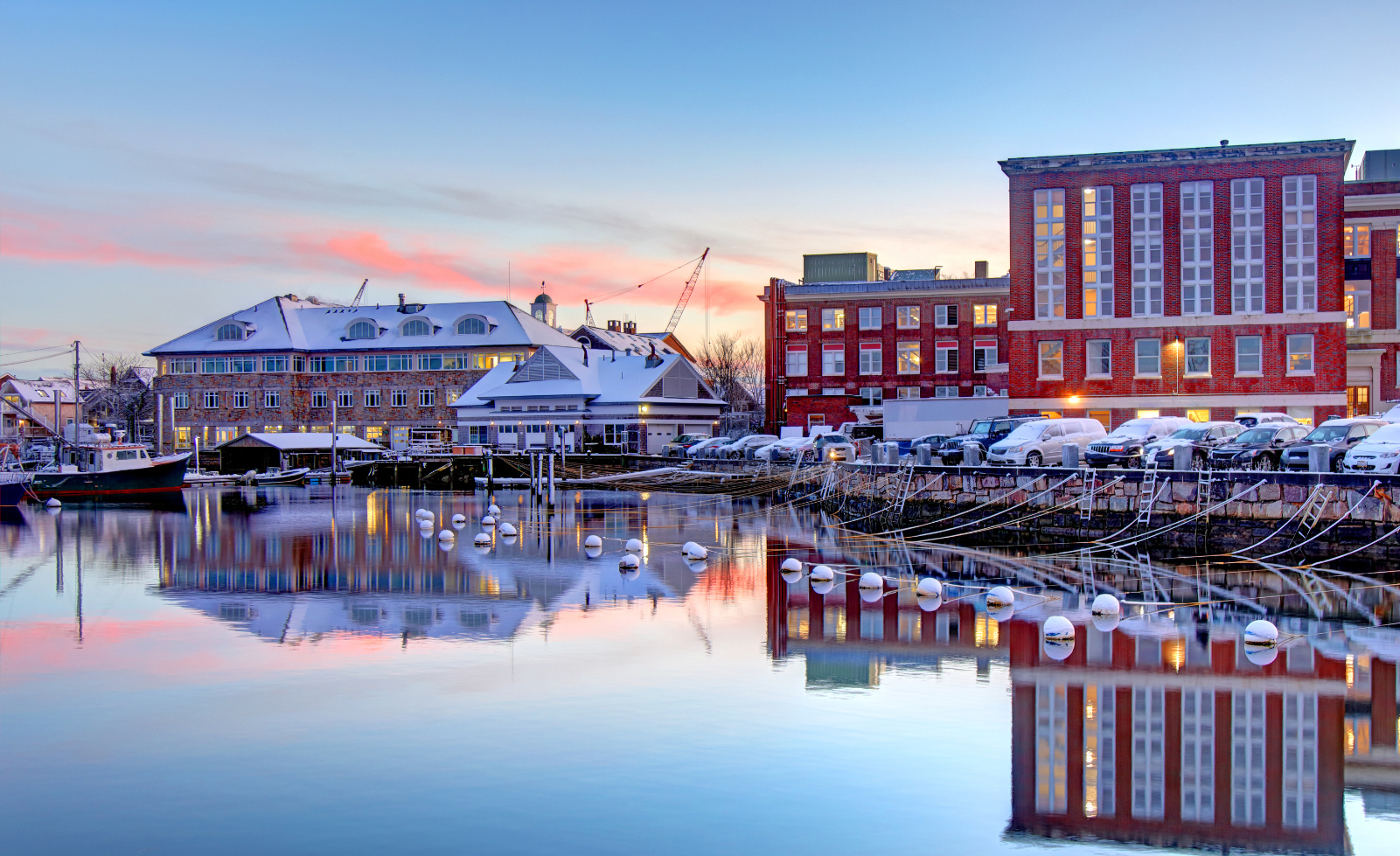 The MRC and Lillie Building in winter across Eel Pond.