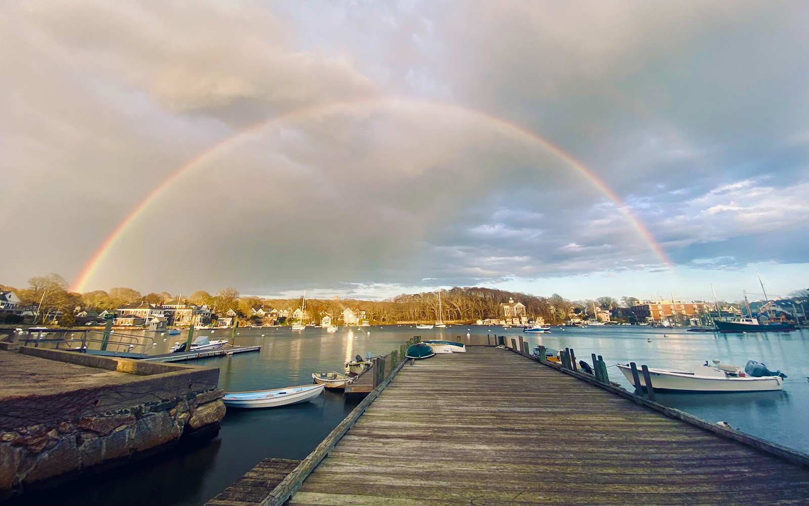 Double rainbow over the docks on Eel Pond.