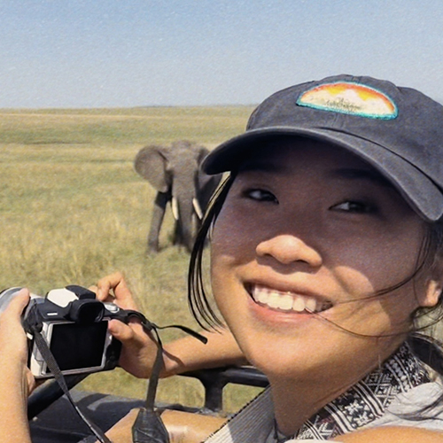 Smiling woman wearing a ball cap, holding a camera with an elephant behind her.