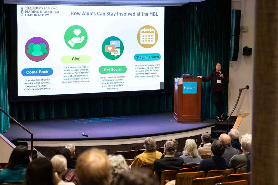 Embryology Course Director Carole LaBonne talks about how course alumni can stay involved with the MBL. Credit: Dee Sullivan