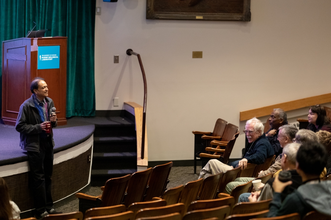 MBL Director Nipam Patel delivers the opening remarks at the Embryology 130th anniversary symposium. Credit: Dee Sullivan 