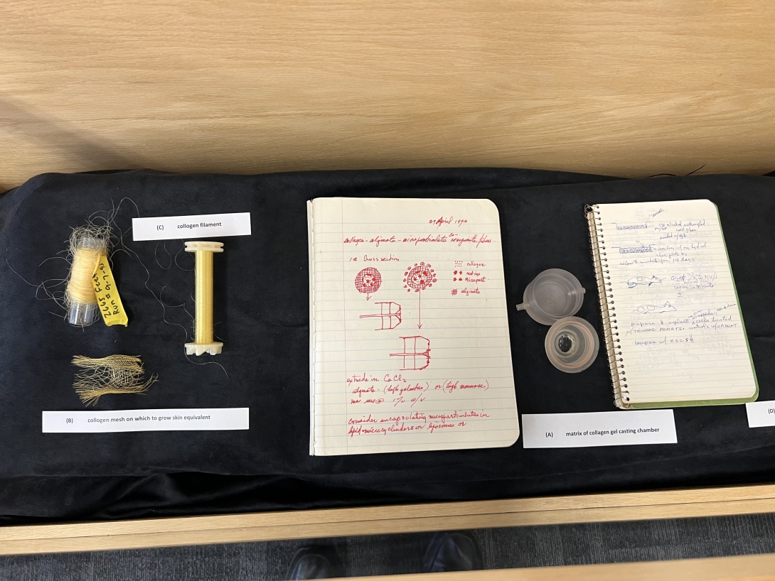 A Eugene Bell Exhibit filled with notebooks and artifacts were present in the Lillie Lobby during the day-long Bell Center Symposium. Credit: Maria Silva