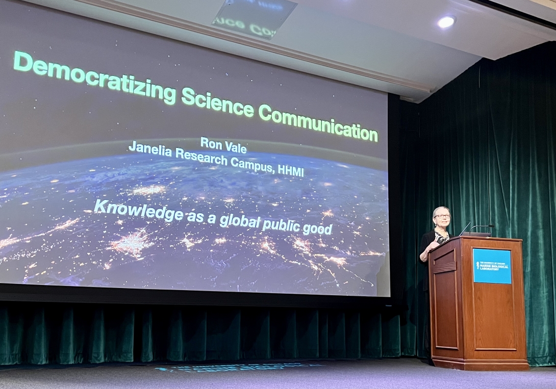 MBL Director of Research Anne Sylvester introduces guest speaker Ron Vale during the Bell Center Symposium. Credit: Maria Silva