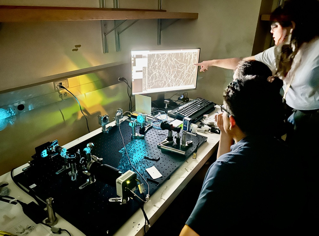 Students from the MBL Physiology course examine an image on a self-built TIRF microscope. Credit: Cliff Brangwynne